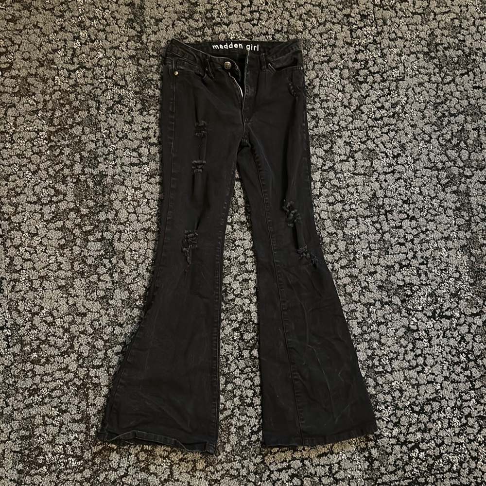 Madden girl flare, black jeans, distressed